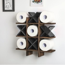 Weysat Tic Tac Toe Toilet Paper Holder Stand Toilet Paper Storage Bathroom Decor Rustic Wooden Hanging Storage Freestanding Wall Mounted Shelves Decor for Toilet Tissue Farmhouse(Brown, Black)