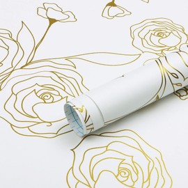 Safiyya 590"x17.3" Peel and Stick Wallpaper Gold and White Contact Paper Floral Wallpaper Self Adhesive Removable Wallpaper for Bedroom Covering Vinyl Rolls