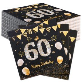 Pack of 60 Komoke Premium Napkins Black Gold "Happy Birthday" | 60th Birthday Decoration Napkins (33 x 33 cm) | Elegant Table Decoration for Women & Men | Luxury Party Napkins Birthday