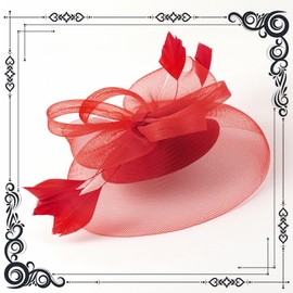 dressfan Church Derby Fascinator Hats for Women,20s 50s Vintage Feather Headband Hair Accessories Headwear for Derby/Wedding/Cocktail/Tea Party,00815-Red