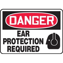 Accuform Signs MPPE031VS Adhesive Vinyl Safety Sign, Legend "Danger Ear Protection Required" with Graphic, 7" Length x 10" Width x 0.004" Thickness, Red/Black on White