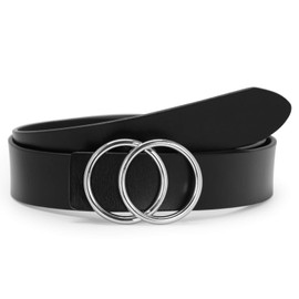 Suosdey good quality soft leather ladies belt with round metal buckle two rings denim belt for women width 3.3 cm - 02 black with silver ring