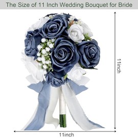 Ramo de boda para novia, diseño de rosas artificiales simples prefabricadas para despedidas de soltera, ceremonia de destino, decoración de aniversario, azul marino y blanco