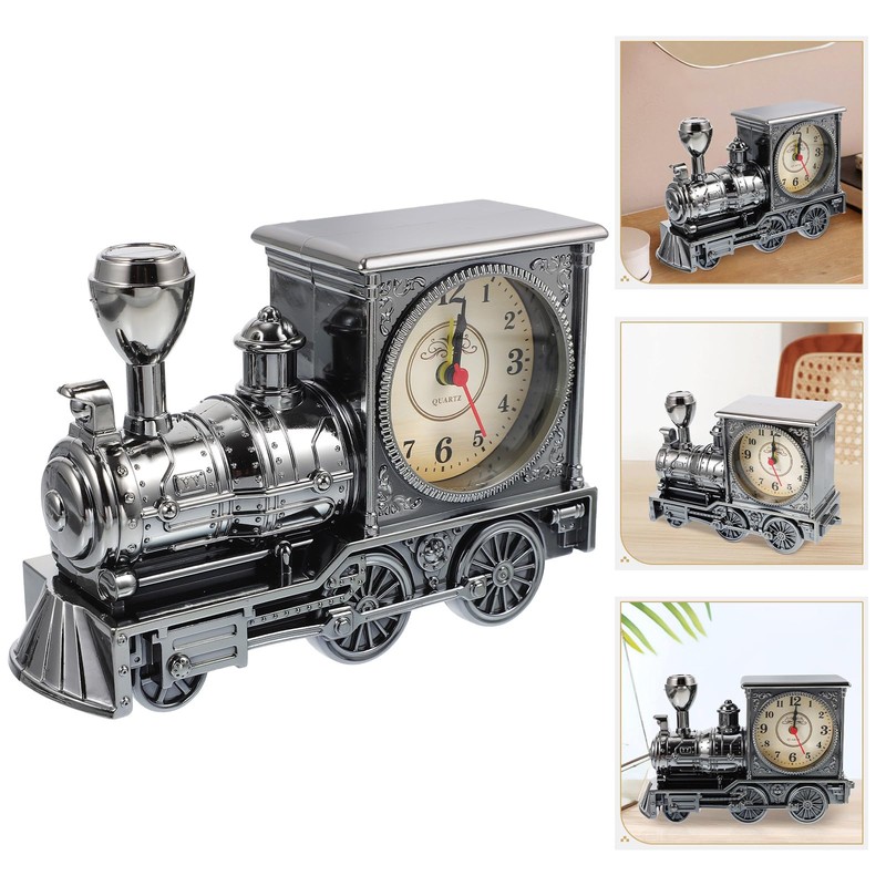 FAVOMOTO Grey Retro Train Clock Model Train Locomotive Clock Table