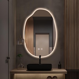 TheiaMo LED Bathroom Mirror with Lights, 38"x26" Frameless Irregular LED Mirror, Anti Fog Backlit Mirror for Bathroom Bedroom Living Room, Dimmable with 3 Colors, Memory Horizontal/Vertical