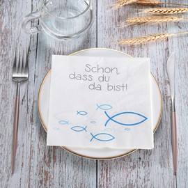 KOHMUI 60 Pieces Wooden Fish Decoration and 20 Napkins 'Schön, dass du da bist!', Blue White Fish Decoration Table Decoration for Christening, Communion Confirmation or Other Festive Occasions