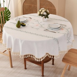 SUCHDECO Round Tablecloth 120cm - Cotton Linen Fabric Table Cloth with Tassel, Leaf Floral Embroidery Tablecloth Washable Table Cover Circular Tablecloths for Kitchen Dining Room Party, Beige&Green