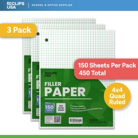 Graph Paper, Loose Leaf Graph Paper, 4 x 4 Squares Per Inch Quad Ruled Graph Paper, 10.5” x 8” Graphing Paper, 56 gsm, 150 Per Pack, 450 Sheets (3 Pack)