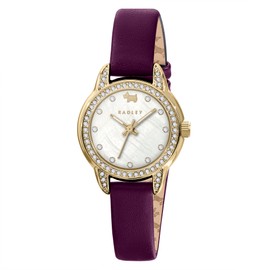 RADLEY Womens Gold Plated Stone Set Mother of Pearl Deep Purple Leather Strap Watch