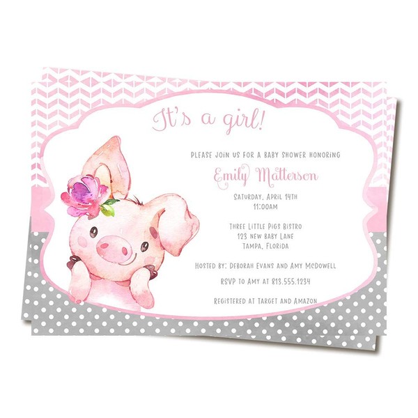 Little Piggy Baby Shower Invitations Girl Pink Chevron Stripes Polka Dots Invites Pig Watercolor Farm Printed Customized Cards (12 Count)