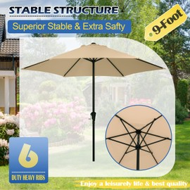 Sunnyglade 9FT Outdoor Patio Umbrella, Market & Table Umbrella with 6 Sturdy Ribs and Crank System, Fade-resistant & Waterproof for Garden Backyard Poolside Deck (Tan, 9FT)