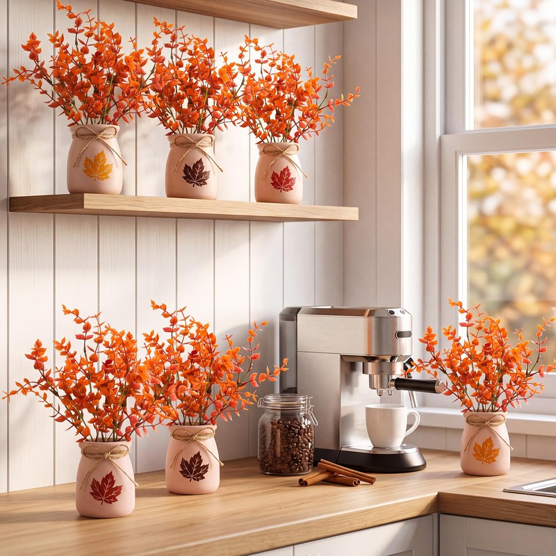 6 Set Fall Mini Mason Jar Centerpieces, Rustic Glass Vases