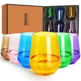 GLAZVIA Multi Colored Stemless Wine Glasses Set of 6, 15oz Drinking Glassware Dishwasher Safe, Wine Glass Tumblers for Red or White, Gift for Party, Holiday, Anniversary, Restaurant, Bar, Daily Use