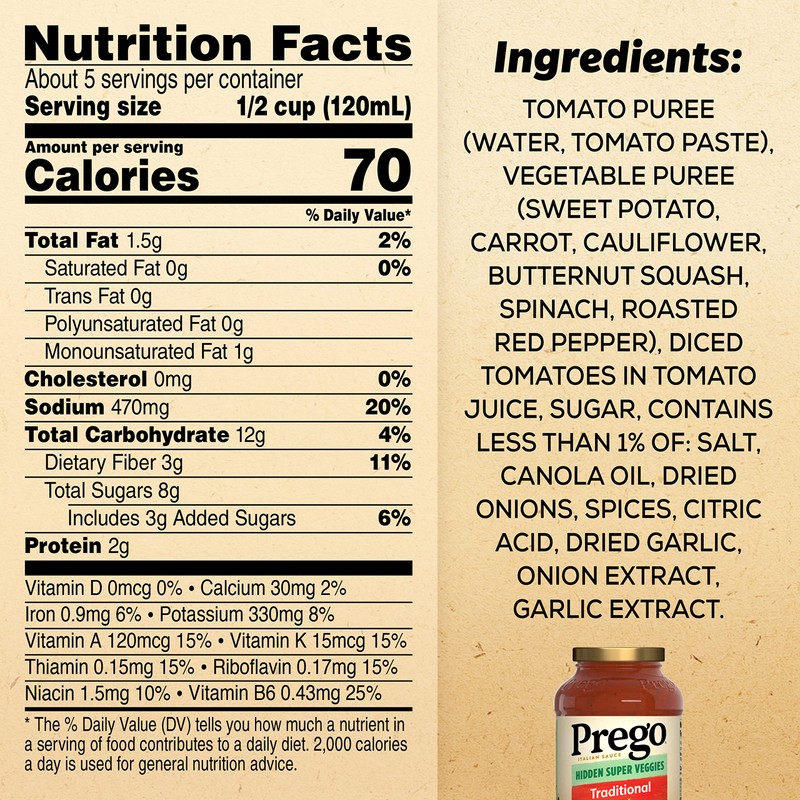 Prego Hidden Super Veggies Traditional Pasta Sauce, 24 Oz Jar