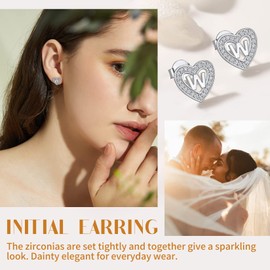 Suplight 925 Stelring Silver Heart Initial Earrings, Cubic Zirconia Heart Shaped Letter A Earrings for Women