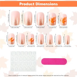 24 Pcs Fall Press on Nails Short Square Fake Nails with Maple Leaf Design, Autumn Glitter Full Cover Glossy Glue on False Nails, Thanksgiving Acrylic Stick on Nails for Women DIY Nail Art Manicure