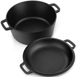 P&P CHEF 5 QT Dutch Oven Pot with Lid, 2 in 1 Pre-Seasoned Cast Iron Round Deep Pot for Baking Cooking Stewing Roasting, Indoor & Outdoor Use, Black