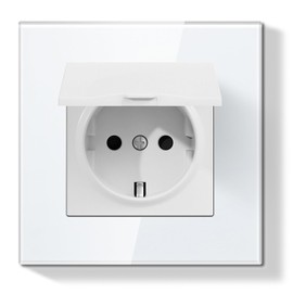 BSEED LIFE Schuko Socket with Waterproof Cover, Flush-Mounted 86 x 86 mm, 16A EU Socket with Glass Frame, Splash-proof for Bathroom/Kitchen, Easy Installation (Folding Claws), 1-Way, White