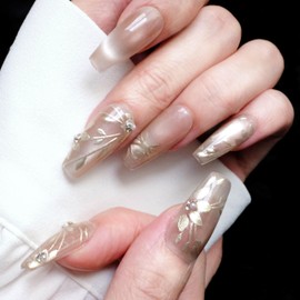 GLORS Nude Press-on Nails, Long Ballerina Shape, Gold Floral Design with Pearls, Handmade False Nail 10 Pieces (XS, LB)