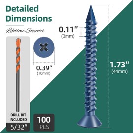 100Pcs 3/16 x 1-3/4" Concrete Screws Anchors with Drill Bit, Flat Head Concrete Masonry Screws for Masonry, Block, Brick Stucco, Blue Coated Cement Screw