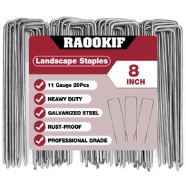 RAOOKIF 8 Inch Galvanized Garden Landscape Staples Stakes, 20/50/100/200Pcs Garden Metal Stakes, 11 Gauge Heavy Duty Ground Stakes for Decoration, Fence Stakes Lawn Stake, Fabric Pins (20, 8 Inch)
