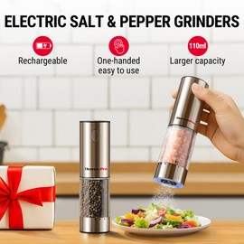 ThermoPro Upgraded Larger Capacity Electric Salt and Pepper Grinder Set, Rechargeable Salt and Pepper Shakers with External Adjustment, Stainless Steel Auto Salt Grinder with Dust Cover & LED lights