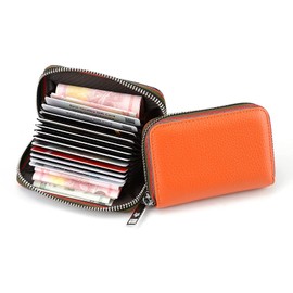 Yocipa RFID Credit Card Holder For Women Men Zipper Leather Card Wallet Small (Orange)