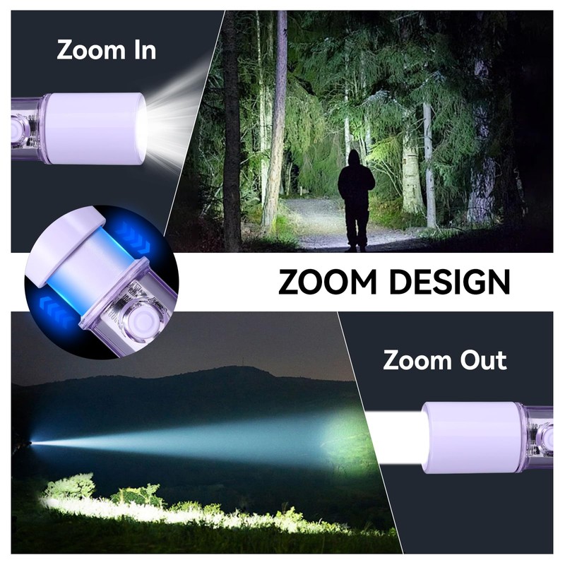 VAVOFO Purple LED EDC Flashlight - USB-C Rechargeable, Waterproof, Zoom