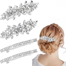 4Pcs Rhinestone Hair Clips,Sparkly Rhinestone Snowflake Crystal Barrettes for Women,Fancy Hair Clip,Hair Accessories for Women Wedding,Pearl Decorative Hair Clips for Daily Party Prom(Silver)