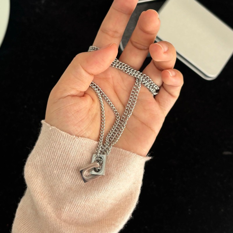 MAHONLIEN Silver Square Necklace for Men Stainless Steel Jewelry