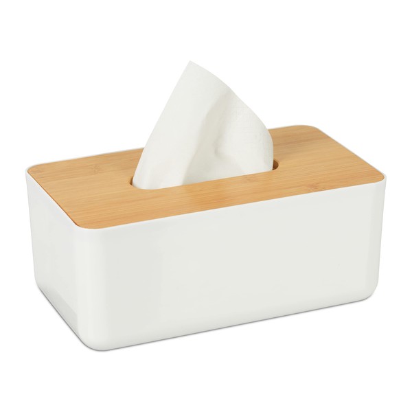Relaxdays Tissue Box Cover with Bamboo Top, Baby Wipe Dispenser, Kitchen Napkin Holder, Bathroom, 10 x 23 x 13 cm, PP, White-Brown, 1 Item