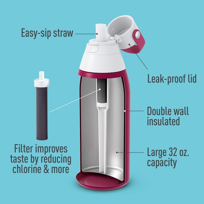 Brita Stainless Steel Water Filter Bottle, Ruby, 32 Ounce, 1