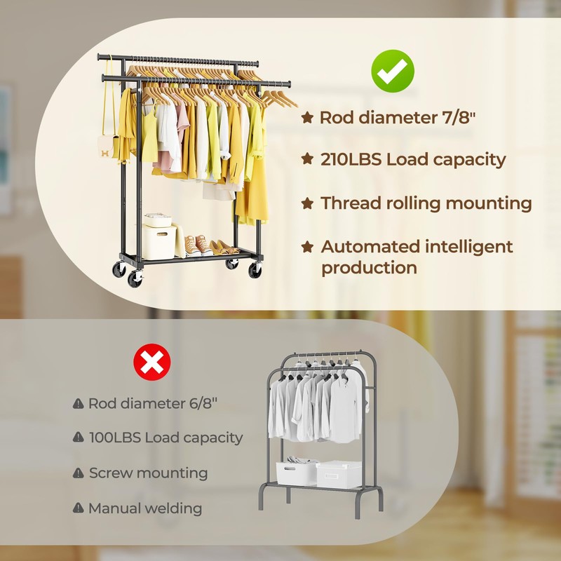 HYSEYY Double Rods Clothes Rack, Rolling Clothing Rack for Hanging