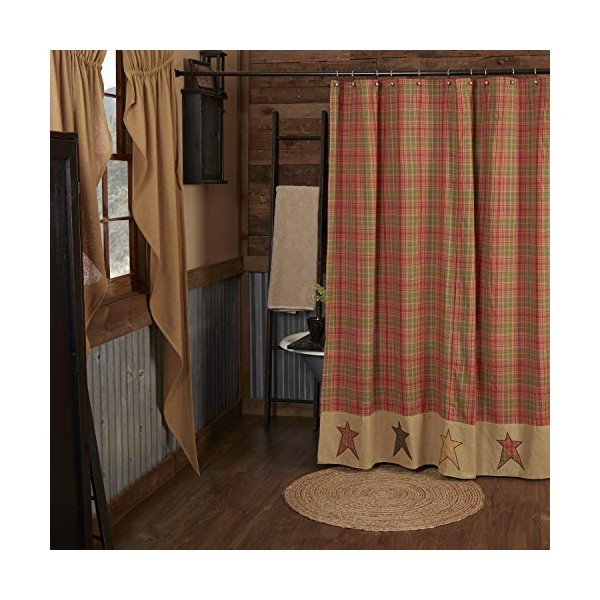VHC Brands Stratton Shower Curtain 72x72 Primitive Country Design, Green and Red-Orange