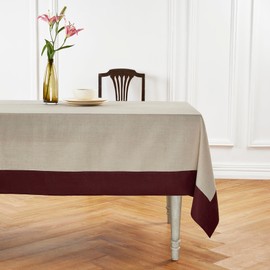 Solino Home Linen Tablecloth 108" L x 60" W Inch – 100% Pure Linen Burgundy and Natural Tablecloth – Farmhouse Dining Rectangle Tablecloth for Winter, Holiday – Contempo