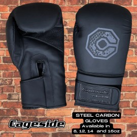 Cageside Steel Carbon Boxing gloves Black on black 8oz 12oz 14oz 16oz - 14oz