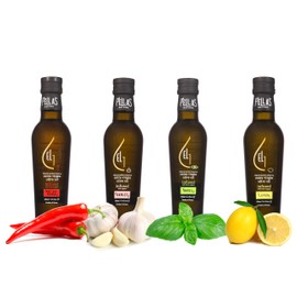 Pellas Nature, Fresh Organic Herb Infused Extra Virgin Olive Oil, Finishing Oil Set, Garlic, Basil, Lemon and Red Hot Pepper Flavors, 8.45 Oz, Set of 4