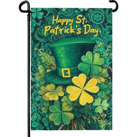 Dacawin Happy St. Patrick's Day Shamrock Garden Flag Double Sided 12 x 18 Inch Green Hat with Clovers Decorative Garden Yard Flags for Home Decor
