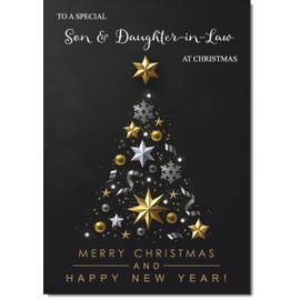 doodlecards Son and Daughter in Law Christmas Card Black Abstract Christmas Tree Medium Size Christmas Card for Son & Daughter-in-Law with Plain Envelope