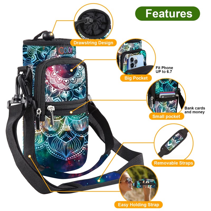 icolor Water Bottle Carrier Bag Holder 25/32/40/64oz,Adjustable Padded Shoulder &
