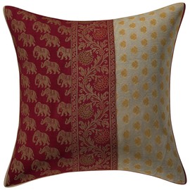 GULAAL ART (Set 2 Pc Elephant Silk Cushion Cover 40x40 cm Beige & Maroon Throw Pillow for Couch Sofa Home Decor Pillow Cover for Bedroom 16X16 In
