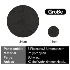 wiipara Set of 12 Round Place Mats Washable, 34 cm Woven Place Mats Heat Resistant with Coasters, Place Mat Black Round for Kitchen, Christmas, Party, Wedding (Black)