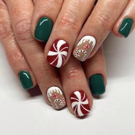 Christmas Press on Nails Short Square Winter Fake Nails Dark Green Full Cover Gingerbread Man Candy False Nails with Designs Glossy Glue on Nails Cute Acrylic Artificial Nails for Women Girls
