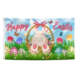 Happy Easter Bunny Flag 3x5 Ft Easter Eggs Rabbits Flowers Butterfly Spring Banner Flags with Brass Grommets for Indoor Outdoor Balcony Lawn Fence Party Home Decor