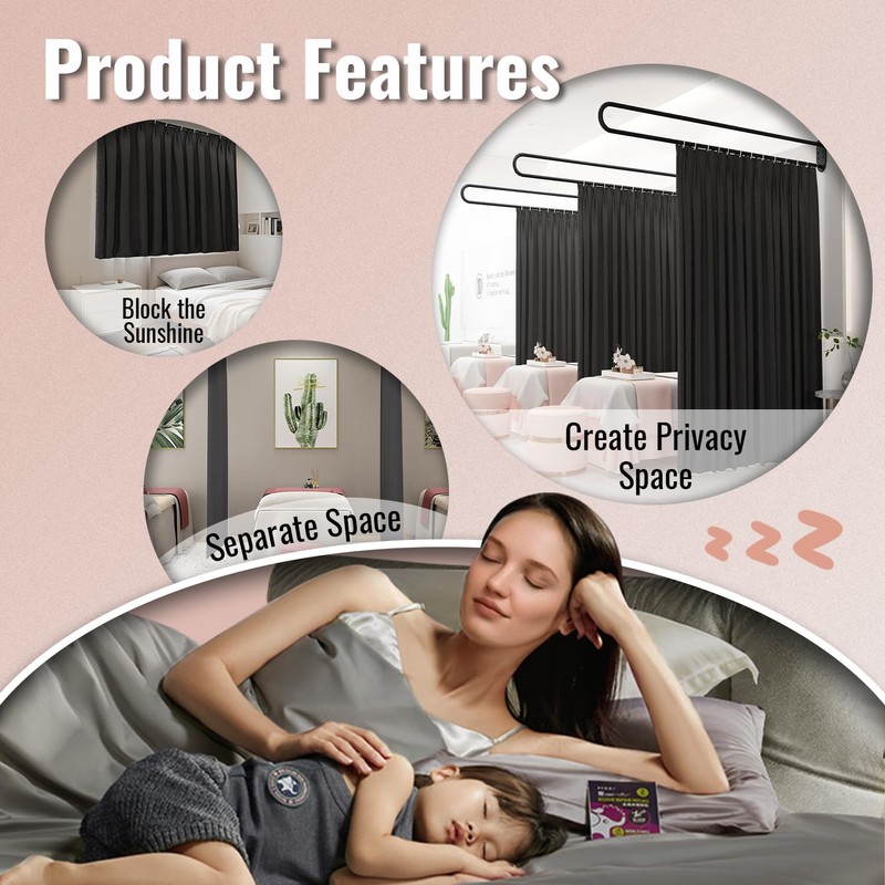 jvsufuik U-Shape Room Divide with Metal Support Rod, 6.56ft,Black