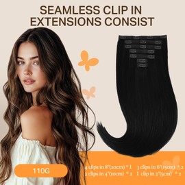 DOORES Human Hair Extensions Clip in, Jet Black 80g 7pcs 12 Inch, Thick Clip in Hair Extensions Remy Natural for Women Gift
