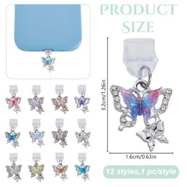 PLIGREAT 12 Pcs Rhinestones Butterflies Charm Dust Plug Compatible with Type C/USB C Charging Port Anti Dust Plugs Colorful Pendants Phone Port Dustproof for Type C Charging Port Plugs