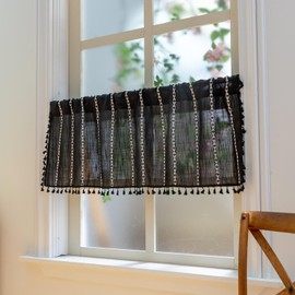 GHOJYFM Black Boho Curtain Valances 18 Inches Length - Farmhouse Bohemian Short Cafe Curtains with Tassels - Semi Blackout Embroidery Striped Window Treatments Tier Panel, Black, 52" W x 18" L