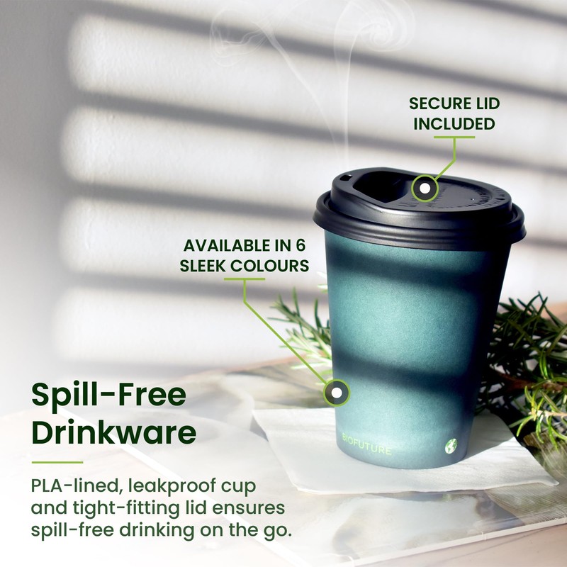 BIOFUTURE Biodegradable Coffee Cups - Disposable Paper Cups with Lids