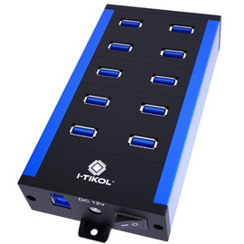 Hub USB alimentado con 10 puertos – Hub USB 3 0 – Hub expansor USB 12 V 5 A 60 W 2.4 mA – divisor USB de alta velocidad de hasta 5 Gbps – Hub de múltiples puertos USB de aleación de aluminio para laptop, teléfono, tablet, PC